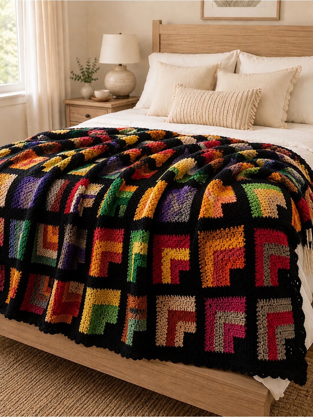 Vintage Hand Knit Crochet Log Cabin Granny Square Afghan Throw Blanket Boho